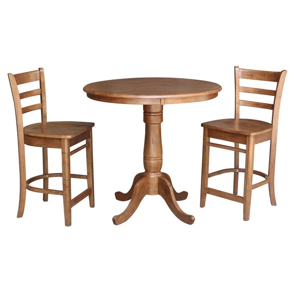 International Concepts Round 36 in Rd Top Pedestal Table, 2 Emily Counter Ht Stools, Distressed Oak, 36 in W, 36 in L, Wood K42-36RT-6B-S6172-2 - main